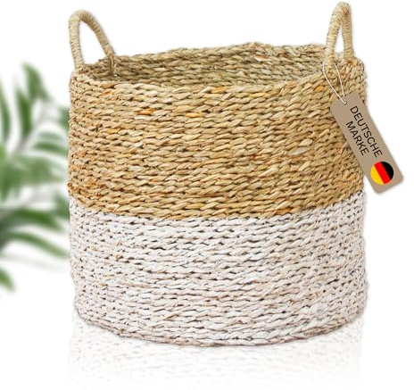 Lycce Wäschekorb mit Henkel, Seegras, beige & weiß, Gr. 1 (Ø 36 x H 30 cm)