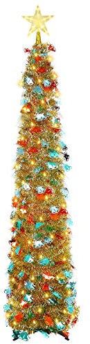 Pop Up Christmas Tree, 150cm/5ft Collapsible Artificial Tinsel Xmas Tree with LED Light/Star Dome Light for Xmas Home Party Indoor Outdoor Decor (Golden)