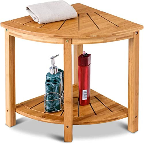 Duschhocker Bambus Wasserfest mit Ablage Sitzhocker, Badhocker aus Bambus Holzhocker 2 Etagen Duschsitz Rutschfester Duschstuhl für Dusche, Spa, Sauna, Bad 35.5 X 35.5 X42 cm