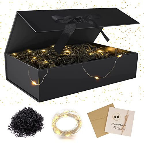Geschenkbox mit Deckel,Geschenkbox mit Schleifen,Faltbare Geschenkbox,Geschenkkarton mit Magnetisch,Geschenkbox Set,Grußkarten,Raffia Hamper Shreds,LED-Lichterkette,für Hochzeit Geburtstag Weihnachten