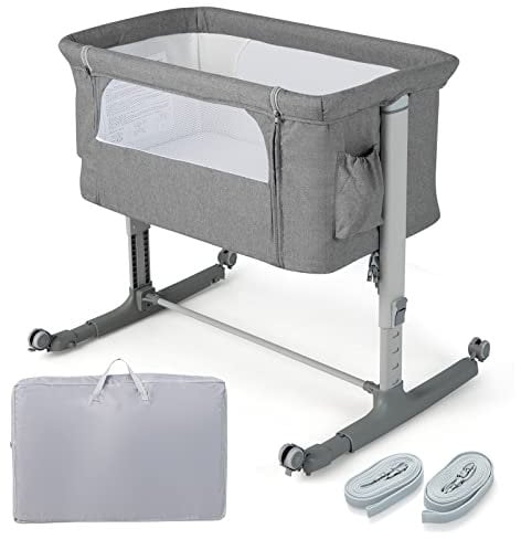 LIFEZEAL 3 in 1 Beistellbett, 5-stufig höhenverstellbares Babybett, Babywiege Stubenwagen mit Matratze, mobiler Reisebett auf Rollen mit Seitentasche und Tragetasche (Grau)