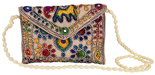 Craft Trade Rajasthani Mini Clutch-Taschen für Frauen Indisch Jaipuri-Kunst Clutch Handtasche für Damen Handbestickte Clutch Umhängetasche für Hochzeits Party und Geschenke - Creme
