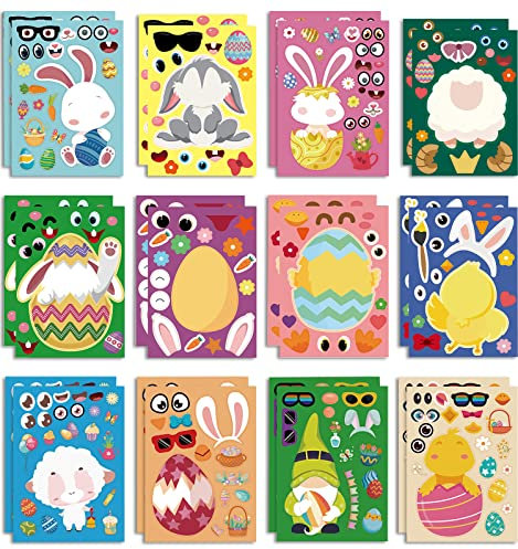 Bekeify 24 PCS Ostern Aufkleber 12-Stile Ostern Party Spiele Aufkleber Ostern Eier Ostern Hase Küken Schaf Machen Sie Ihr Eigenes Gesicht Aufkleber für Kinder DIY Handwerk Ostern Party Dekoration