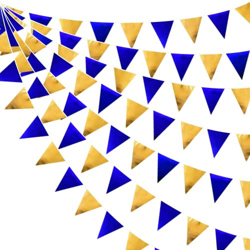 32 Ft Blau Gold Stoff Dreieck Banner Flagge Doppelseitig Metallic Holographische Wimpel Wimpel Girlande für Bachelorette Verlobung Hochzeit Geburtstag Babyparty Jubiläum Abschlussfeier Dekorationen