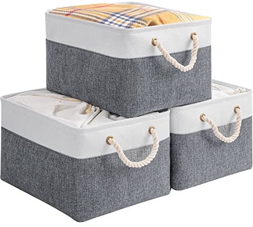 OUTBROS Storage Bin, Foldable Fabric Box, Basket for Shelves with Handles and Drawstring, Used for Towels, Clothes, 33 x 23 x 20 cm, (Gray/White, 3 pack)