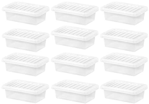 Set of 12 - 4L Litre Crystal Clear Plastic Storage Box With Transparent Lid Storage Container Stackable & Nestable For Medicine Toys Garage Office Home Kitchen Made in UK (4 Litre Clear)