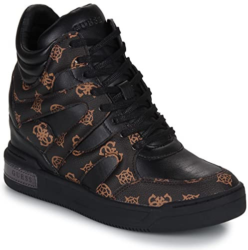 Guess Lisa - Scarpe da ginnastica alte da donna, in finta pelle, con zeppa, nero/marrone, taglia 37, Nero e marrone., 37 EU