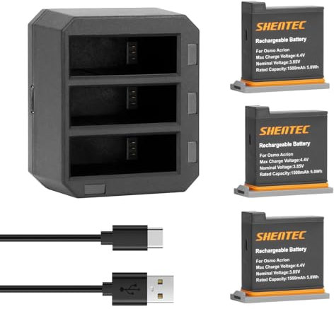 Shentec Batteria agli ioni di litio compatibile con 1500 mAh DJI AB1 P01 per DJI Osmo Action Cam, set: stazione di ricarica con 3 batteria