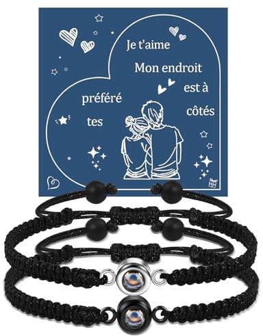 YELUWA 2 Pcs Paare Armbänder, Ich Liebe Dich 100 Sprachen Armbänder, Paare Armbänder Fernbeziehung Ihr Armband Valentinstag Paare Geschenke Für Ihn Ihr Freund Freundin Frauen Männer Schwarz FR