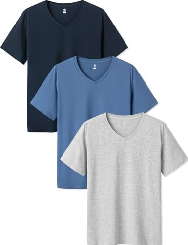 LAPASA Pack de 3 Camisetas Hombre de Algodón ELS Manga Corta Camiseta Interior Cuello en V M06 Small Gris Jaspeado Claro + Azul Griz + Azul Marino (Cuello en V)