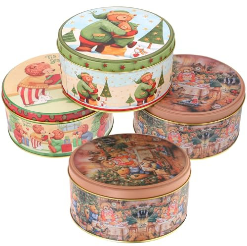 Veemoon 4 Pcs Christmas Round Candy Jars Metal Xmas Cookie Tin Can Tinplate Retro Tins Storage Containers for Candles, Cookies, Spices, Tea, Candies, Cakes(Mixed Style)