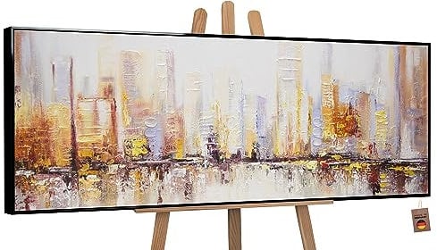 YS-Art Abstrakt Stil Acryl Gemälde auf Leinwand Megapolis Großstadt handgemalt Wandbilder Wohnzimmer modern Wohndekor Bilder Büro echte Kunstwerke gerahmt mit Rahmen 180x60 cm