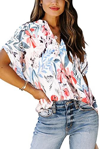 Sweezarmo Damen Sommer Bluse V-Ausschnitt Kurzarm Shirt Lässige Tops Lose Damen Shirts M Mittel Blume Eleganz Weiß
