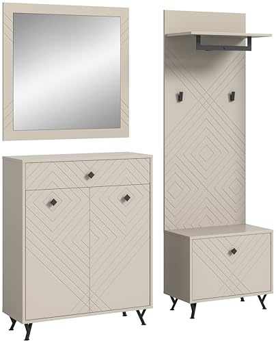 xonox.home Garderobe Notes 4tlg. Set Garderobenkombination Garderobenschrank Garderobenmöbel Flurmöbel-Set Flursystem Stauraumlösung Front sandbeige matt MDF Korpus sandbeige melamin