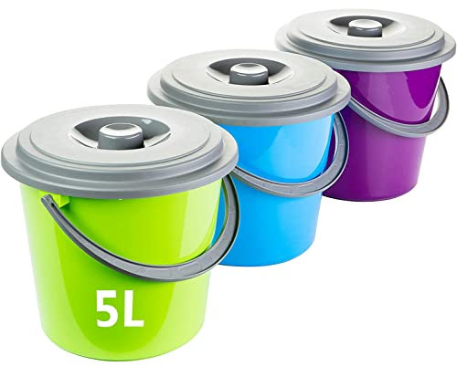 Sustania Eimer mit Deckel Putzeimer 5 Liter 3 Stück Kunststoff Lebensmittelecht 3-farbig Sortiert, für Lebensmittel geeignet, Made in EU