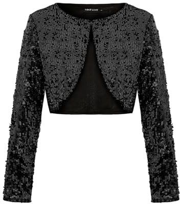 LADI TREND Ladies Long Sleeve Sequin Shrug Cropped Top Jacket Cardigans Fully Lined Glitter Jackets Bolero with Hook Button Cocktail Parties Night Out Top (Black L)