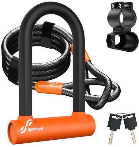 Sportneer Fahrradschloss - 17 mm Bügelschloss Schweres Fahrrad Bügelschloss mit 1,5m Kabel fürs Rennrad, Mountainbike, E-Bike, Klapprad mit Halterung, 19CM x 13CM
