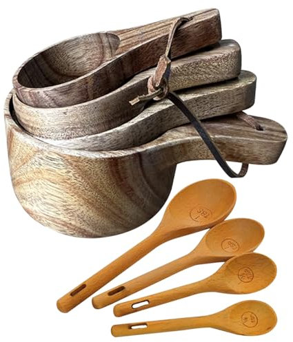 Wooden Measuring Spoons and Cup Set of 8, Smooth Wooden Cup Measurements Set, Cute Measuring Spoons Sets, Reusable Kitchen Accessories for Dry Ingredients Baking Cooking