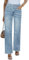 Roskiky Jean coupe droite pour femme - Taille haute - Élastique - Rayé - Ourlet brut - Pantalon ample - Jean baggy décontracté pour femme, Bleu glacier, L