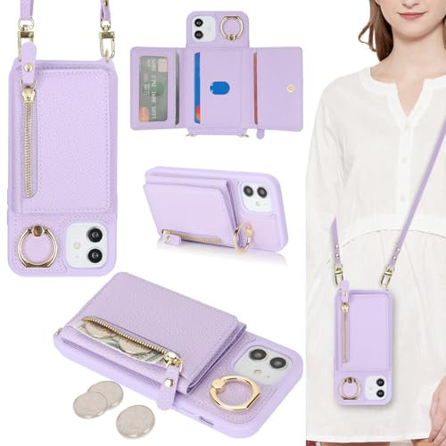ELTEKER Handyhülle für iPhone 12/12 Pro Hülle mit Band Kartenfach Ringhalterung Geldbörse,Leder Klapphülle Umhängetasche Handytasche für iPhone 12/12 Pro - lila