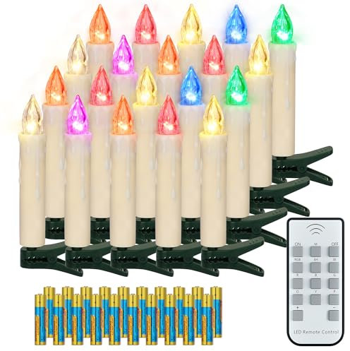 FREEPOWER 20 candele natalizie a LED colorate e bianco caldo, senza fili, con telecomando, timer tremolante, bianco caldo, per interni ed esterni, impermeabili, illuminazione (con 20 batterie)