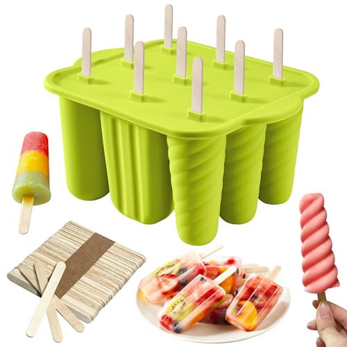 9 Cavity Popsicle Mould with 50pcs Wooden Sticks, Silicone Ice Lolly Moulds, Ice Pop Moulds Homemade Popsicle Ice Pop Maker BPA Free Ice Cream Moulds for Kids Summer DIY Home Kitchen Tools (Green)