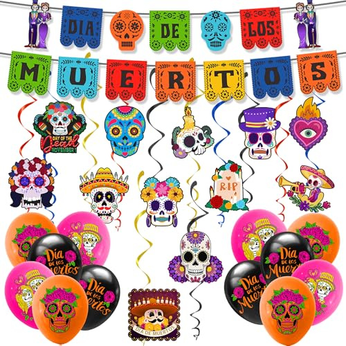 Halloween-Dekoration zum Tag der Toten – Halloween-Hängewirbel, Dekoration, Tag der Toten, Wimpelkette, Banner, Luftballons, El Día de Los Muertos, hängende Decke, Wanddekoration,