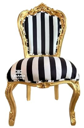 Akzentstuhl aus schwarzem Samt mit Streifen, Französischer Esszimmerstuhl im Louis XV Stil mit Goldenem Rahmen und schwarzen Streifen, Handgefertigter Stuhl im Retro Barockstil mit Samtstreifen
