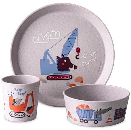 Koziol CONNECT TRUCKS Kindergeschirrset 3teilig | kleiner Teller + Schale + Becher | für Kinder ab 6 Monate | biozirkulärer Kunststoff, bruchfest, spülmaschinengeeignet (organic purple grey)