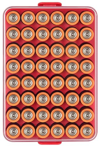 Contenitore per batteria per 48 batterie AA, in plastica trasparente, per viaggi/casa/ufficio (rosso, L)