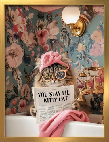 STYLER Bild Kitty I 30x40 cm (AUFHÄNGFERTIG) mit hochwertigem goldenen Rahmen – Lustiges Katzen-Wandbild für Badezimmer und Gäste-WC – Modern Humorvoll Dekorativ Hochwertig