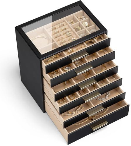 Vlando Joyero grande, joyero con 6 niveles, organizador de joyas con tapa de cristal, 6 cajones, para collares, pendientes, relojes, pulseras, almacenamiento de joyas, moderno, Cenicienta Plus, negro