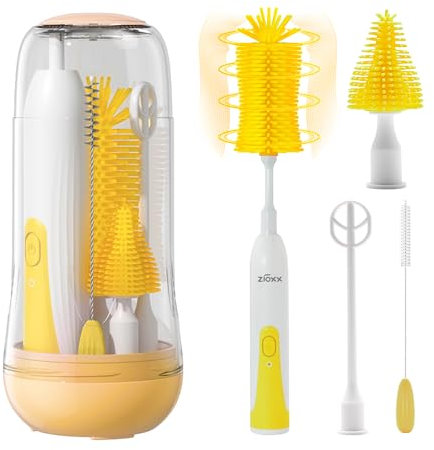 Electric Bottle Brush Cleaner, Portable Electric Baby Bottle Brush Cleaner for Travel, Rechargable Travel Bottle Cleaner Kit with Nipple & Straw Brush, Perfect Mom Essentials After Birth Gift, Yellow