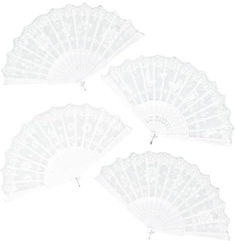 4 Stück Weiß Handfächer Set, Handfächer Spitze Weiß Fächer Mit 4 Stück Aufbewahrungstasche, Klein Handfächer aus Stoff, Fächer Hochzeitsfächer, für Hochzeite, Wedding, Tanz Dekoration