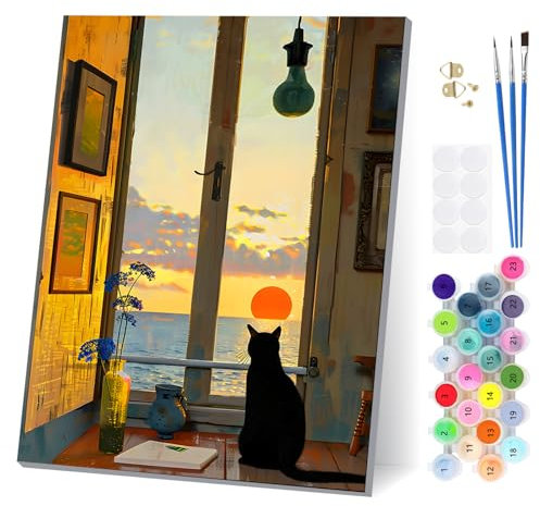 EOBROMD Peinture Numero Adulte Coucher de Soleil avec Cadre, Chat Noir Paint by Numbers avec Pinceaux Peintures Acryliques, Kit de Peinture à l'huile sur Toile pour Décoration de la Maison 30x40cm