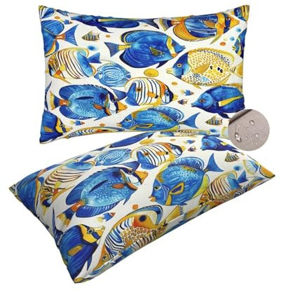 Outdoor Kissen Wetterfest 2er Set Gartenkissen, Outdoor Kissenbezug 60x80 cm Kopfkissenbezug mit Verstecktem Reißverschluss, Outdoorkissen Dekokissen für Auto Balkon Patio (Blau/Fische) -zt210