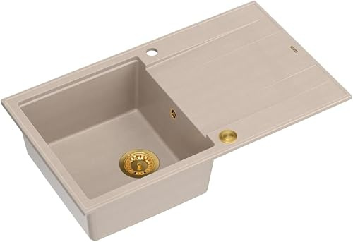 QUADRON Spülbecken Spüle Beige & Golden | Größe 86 x 50 x 21 cm | Granit Granitspüle EVAN 111 Einzelbecken Küchenspüle | mit manuellem Siphon und Abtropffläche | 1 Becken Einbauspüle