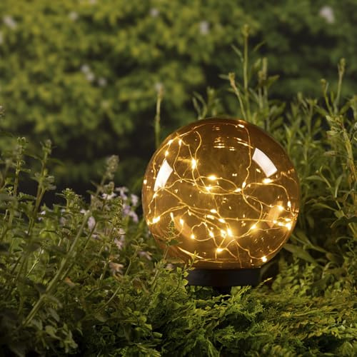 MARELIDA LED Solar Kugel Tisch Gartenleuchte mit Drahtlichterkette Bernstein Amber (20cm Durchmesser)