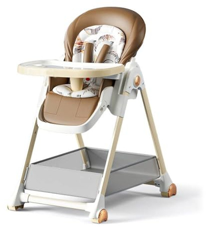 Veitoalioy PU-Leder Baby Hochstühle, Baby-Hochstuhl Kleinkind-Esszimmerstuhl mit 6 Verstellbaren Höhen und 3 Liegepositionen, Multifunktional Faltbar Umwandelbar (808 Khaki)