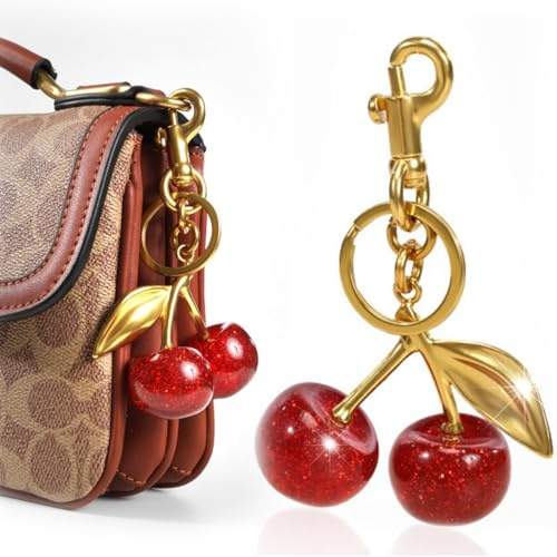 Porte Clef Femme, Porte Clé Sac, Cherry Keychain, Porte-clés Cerise, Breloque Cerise Dorée Mignonne, Accessoire Fashion pour Sac et Voiture, Cadeaux pour Noël, Fête des Mères, Anniversaire