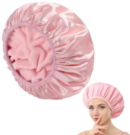 1 Pcs Reusable Shower Cap for Women, 3 in 1 Waterproof & Absorbent Hair Drying Cap, Double Layer Pattern & Solid Colour Bath Cap for Shower, Spa, Cooking & Travel (Pink)