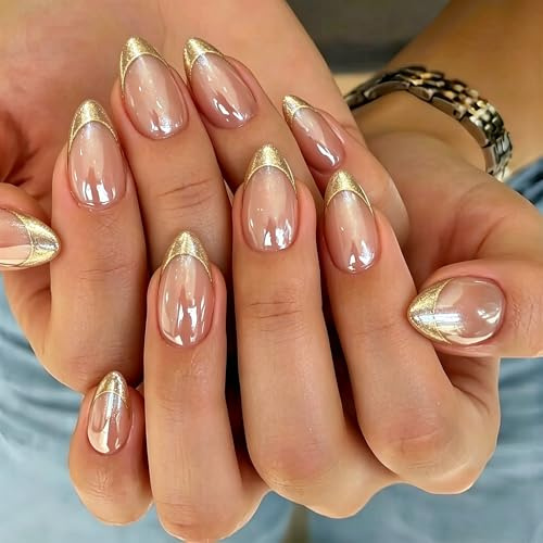 KQueenest Chrome Glitter Gold French Tip Press on Nails Short Almond, Shiny Soft Gel False Nails with Glazed Sparkle Finish, 30 Pcs Artificial Fake Nails Short Stiletto, Reusable Thick French Nail Set