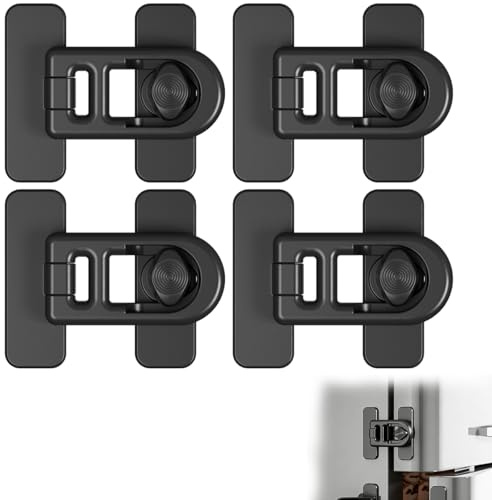 Wcawnlt Cerraduras para Refrigerador a Prueba de Niños, Pestillo Sin Agujeros con Adhesivo Fuerte y Apertura Giratoria, Pack de 4 en Negro, Protección Infantil para Nevera, Cajones y Armarios