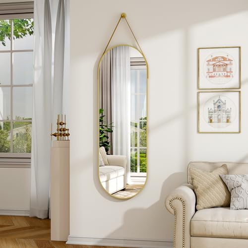 Koonmi Ovaler hängender Spiegel 40x120cm, hängende Spiegel für Wand mit Lederband, High-Definition Aluminium Legierung Rahmen für Badezimmer Schlafzimmer Eingang Dekor, Gold