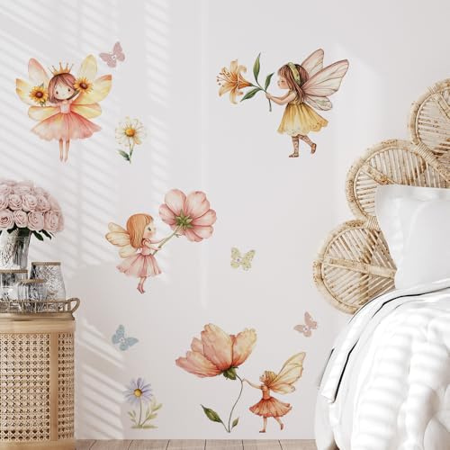 Cyberwork Wandtattoo Kinderzimmer Mädchen Feen Blumen Schmetterling Wandsticker Set,4 Bögen PVC Wandaufkleber,Wasserdicht Selbstklebend,Elfen Wanddeko für Babyzimmer Schlafzimmer 30×19 cm (Elf 2)