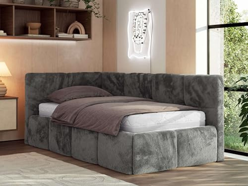 Jugendbett ARVO 90x200 cm mit Lattenrost und Bettkasten, Polsterbett mit gepolstertem Kopfteil und Gasdruckfedern, Eckbett mit Stauraum - mit Schaumstoffmatratze - Dunkelgrau Plüsch - Linke Seite