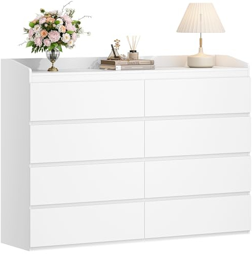 Hzuaneri Kommode mit 8 Schubladen, 40 x 120 x 108 cm, Weiß | Seitenschrank mit Arbeitsfläche, Spind mit oberem Geländer, Moderner Stil, Geeignet für Wohnzimmer und Schlafzimmer DC32903X