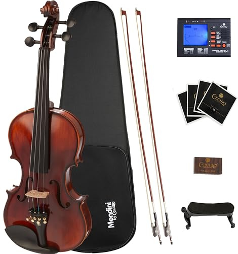 Mendini By Cecilio 4/4 Violin For Beginners, Black Solid Wood - Flamed Acoustic Violins Set with Case, Tuner, Shoulder Rest, Bow, Rosin, Bridge & Strings