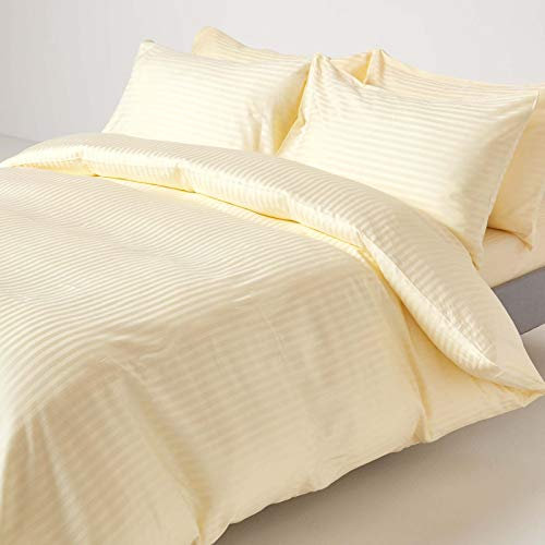 HOMESCAPES Pastel Yellow Pure Egyptian Cotton Duvet Cover Set Super King 330 TC 500 Thread Count Equivalent Satin Stripe Quilt Cover 2 Pillowcases Included Bedding Set