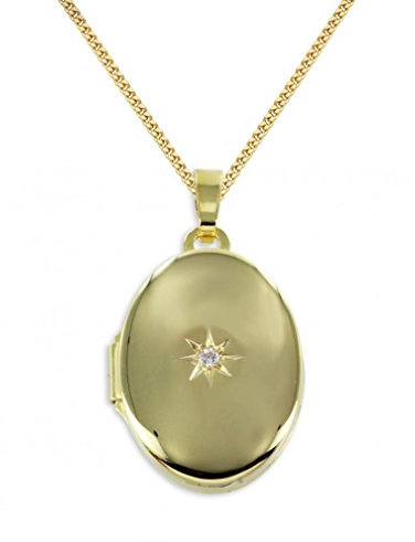 HausderHerzen.de Medaillon 333 Gold Oval Anhänger mit Zirkonia für 2 Fotos mit Kette